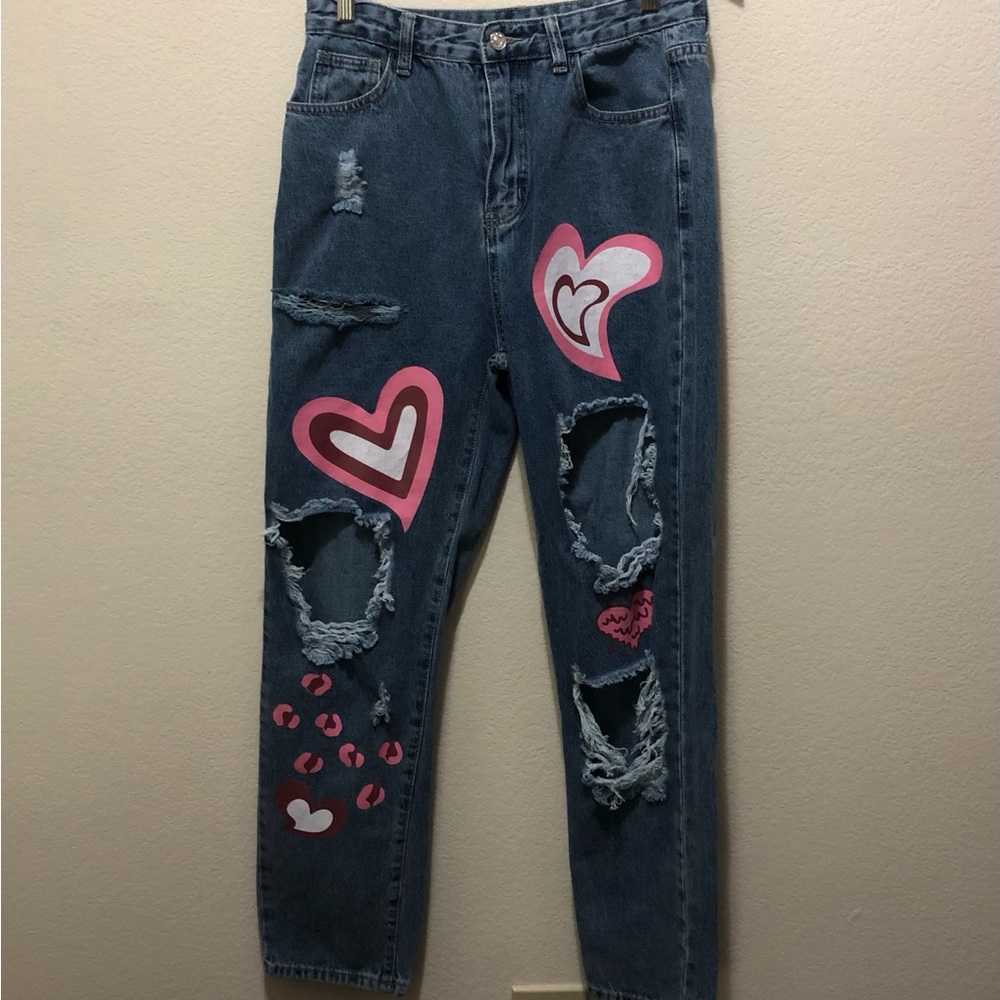 Shein Women’s High Waisted Distressed Denim Jeans Pink Graphic Hearts Size Large